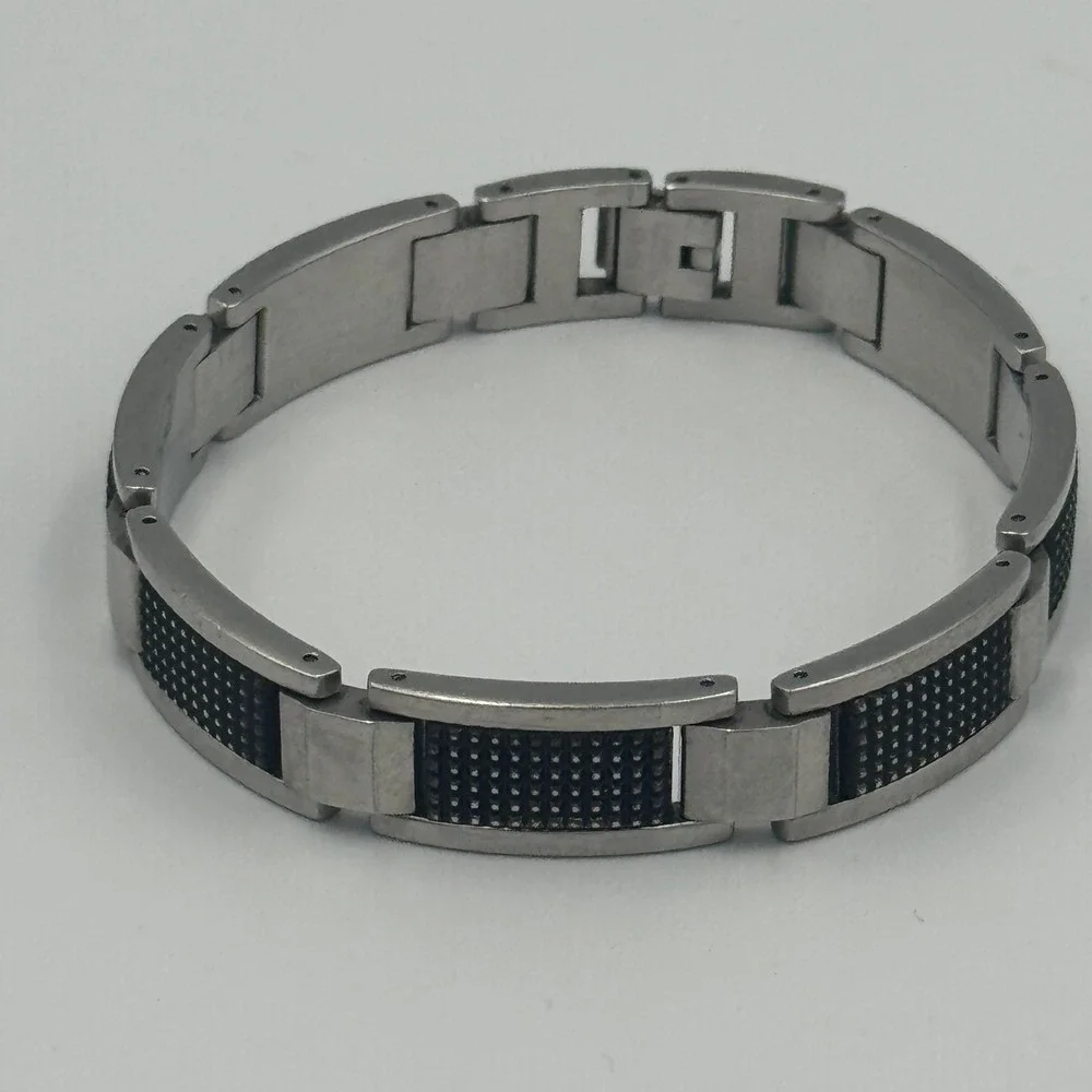 Mens Stainless Steel Link Bracelet‎ Silver Black Carbon Fiber Inlay Industrial